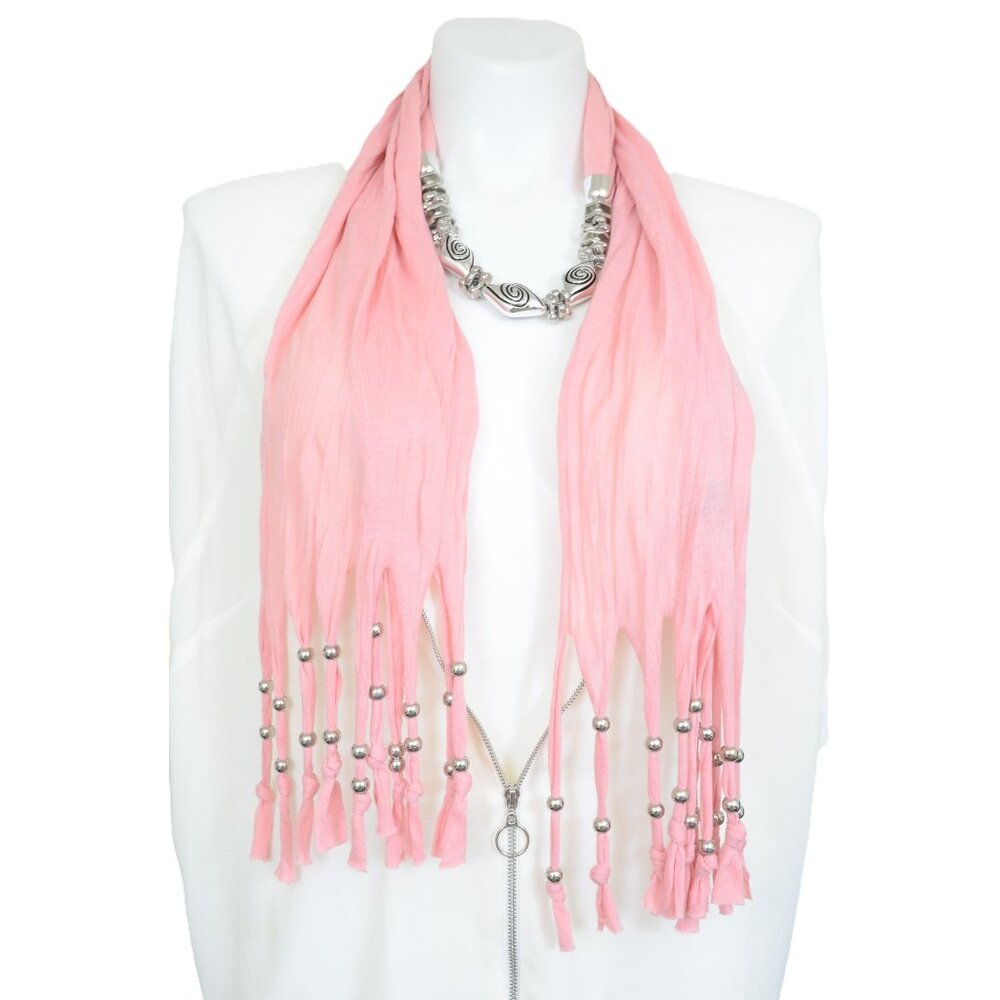 Jewelry Pink & Silver Metal Pendant Beads Necklace Scarf Western Coastal Cowgirl